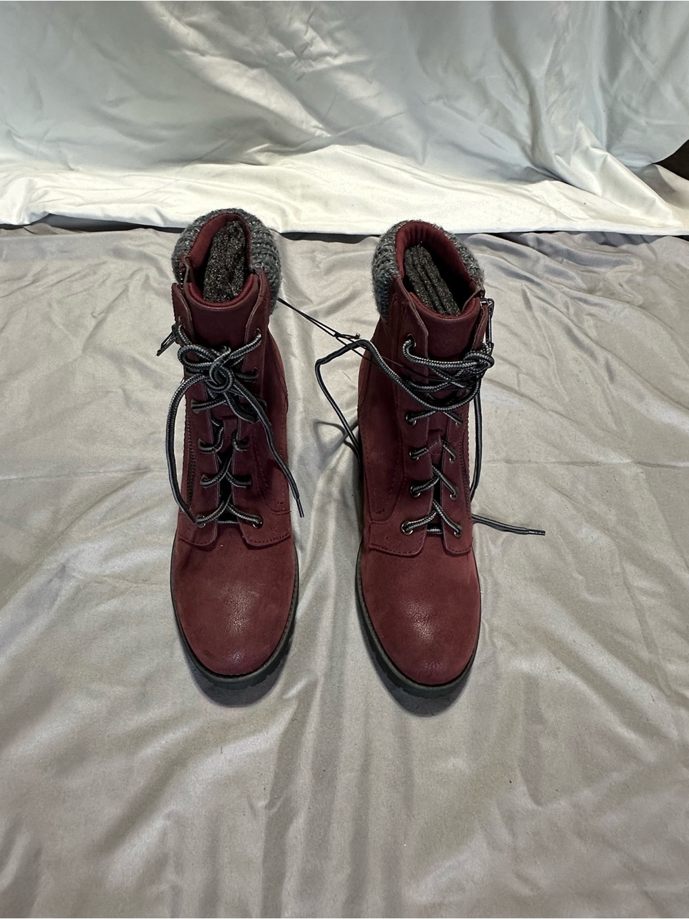 MIA Burgundy Lace-Up Knit-Cuff Boots